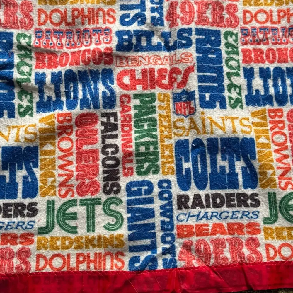 Vtg 1980's Sears NFL Team Collage Satin Trimmed Fleece Blanket
